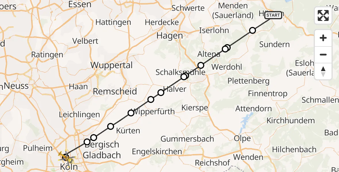 Flugroute Ambulanzhubschrauber Arnsberg - Sankt Vinzenz Hospital, 02 Mai 2026, 04:32