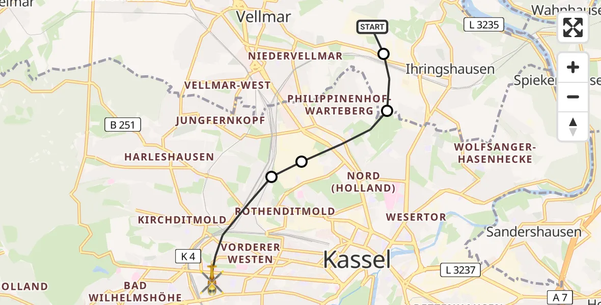 Flugroute Rettungshubschrauber Fuldatal Bundespolizei Hubschrauberlandeplatz - Kassel, 02 Mai 2026, 05:03