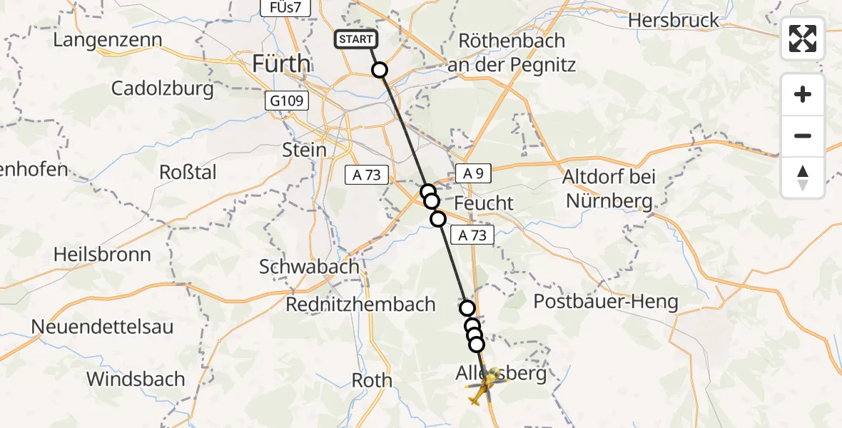Flugroute Rettungshubschrauber Flughafen Nuremberg - Allersberg, 02 Mai 2026, 05:06