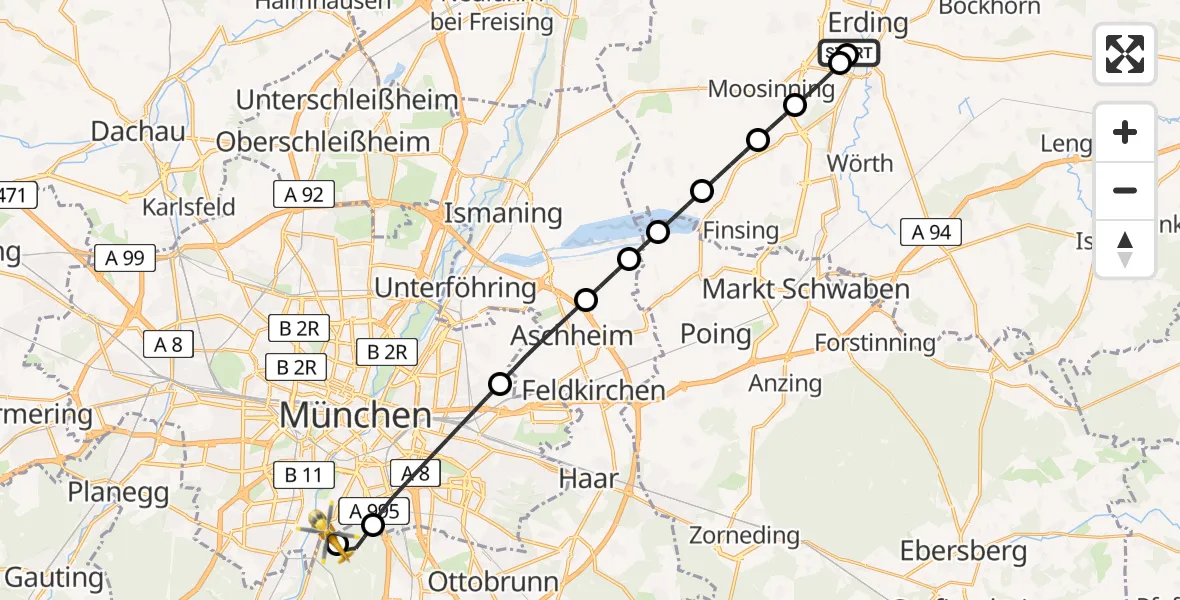 Flugroute Rettungshubschrauber Erding District Hospital - ADAC Air Rescue Center Hubschrauberlandeplatz (Christoph 1), 02 Mai 2026, 05:14