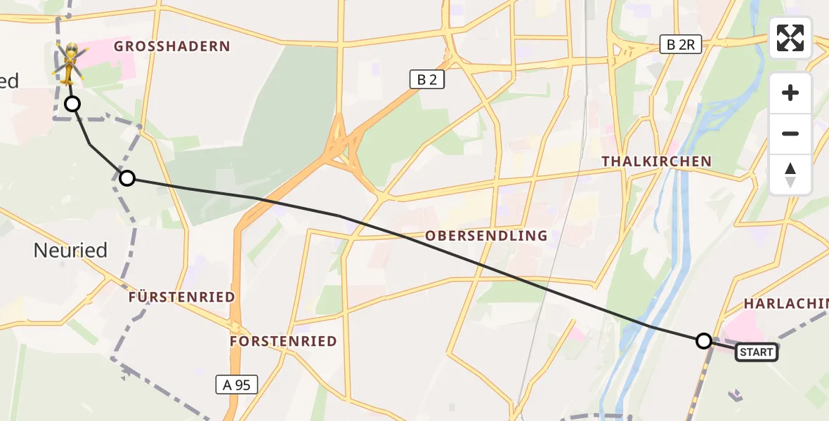 Flugroute Rettungshubschrauber ADAC Air Rescue Center Hubschrauberlandeplatz (Christoph 1) - DRF Air Rescue München Hubschrauberlandeplatz, 02 Mai 2026, 05:49