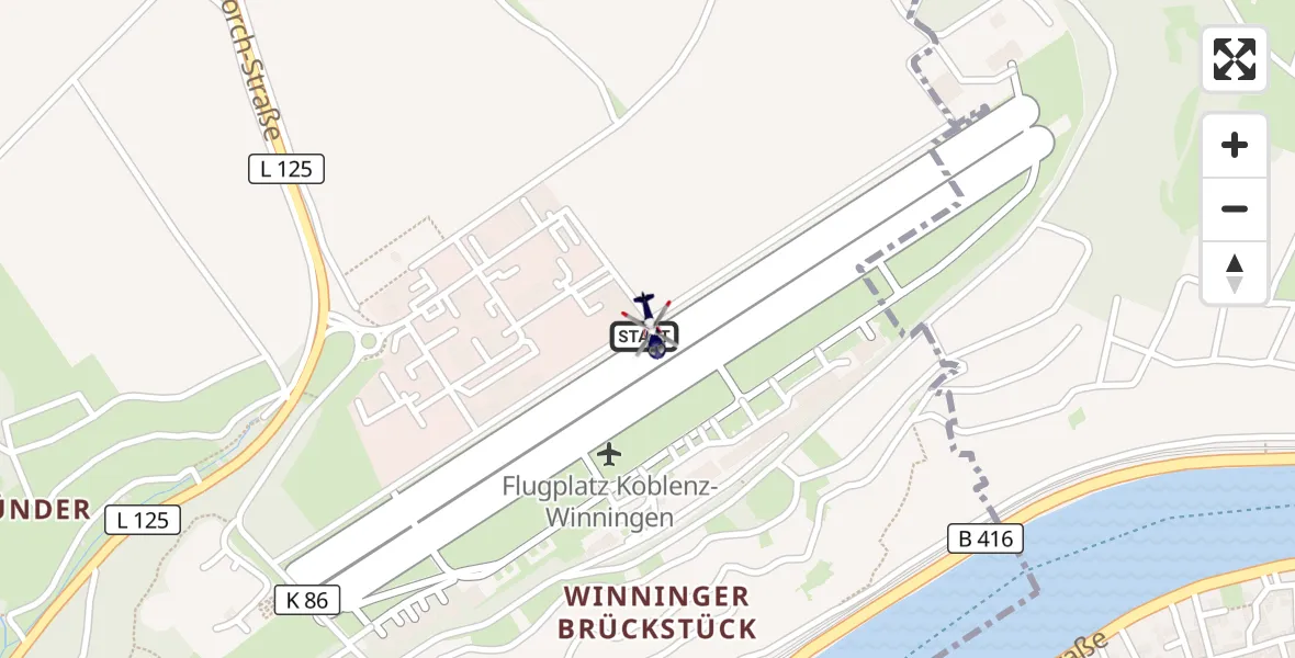 Flugroute Polizeihubschrauber Koblenz-Winningen Flugplatz - Koblenz-Winningen Flugplatz, 02 Mai 2026, 05:53