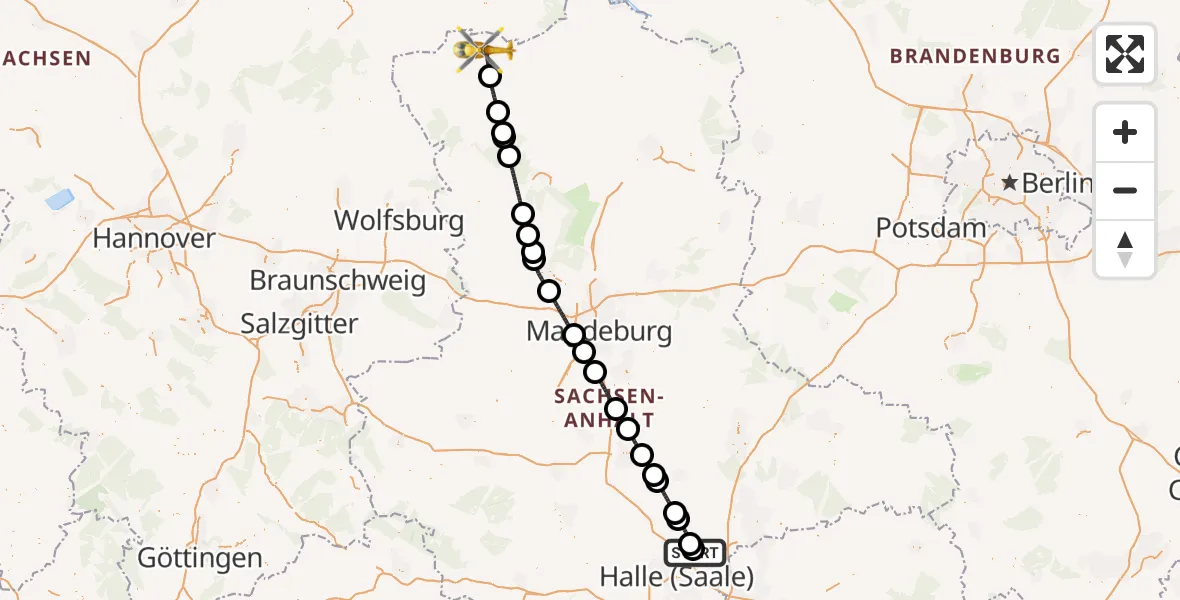 Flugroute Ambulanzhubschrauber Halle-Oppin Flugplatz - Salzwedel, 02 Mai 2026, 06:09