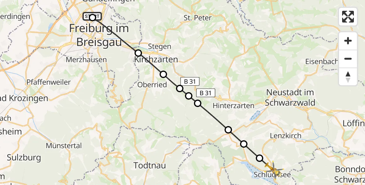 Flugroute Rettungshubschrauber Freiburg im Breisgau Flugplatz - Schluchsee, 02 Mai 2026, 06:19