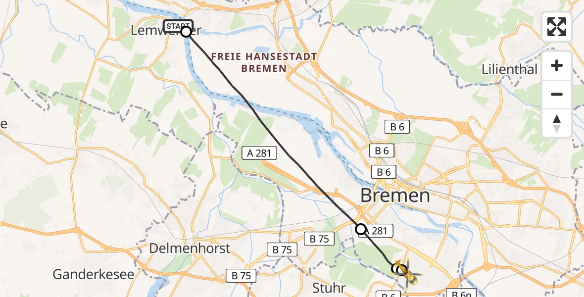 Flugroute Rettungshubschrauber Lemwerder - ADAC Air Rescue Station Bremen Hubschrauberlandeplatz (Christoph 6), 02 Mai 2026, 06:21
