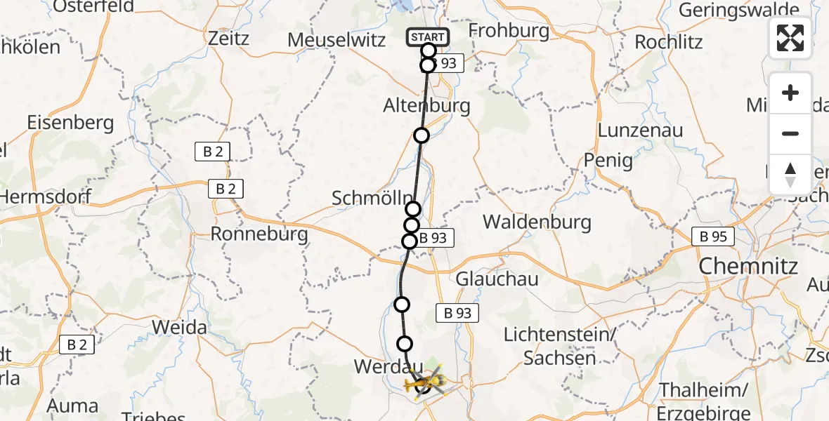 Flugroute Rettungshubschrauber Treben - ADAC Air Rescue Station Zwickau Hubschrauberlandeplatz, 02 Mai 2026, 06:23