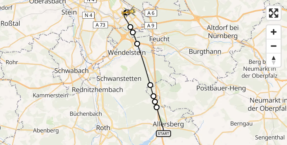 Flugroute Rettungshubschrauber Allersberg - Nürnberg South Hospital, 02 Mai 2026, 06:22