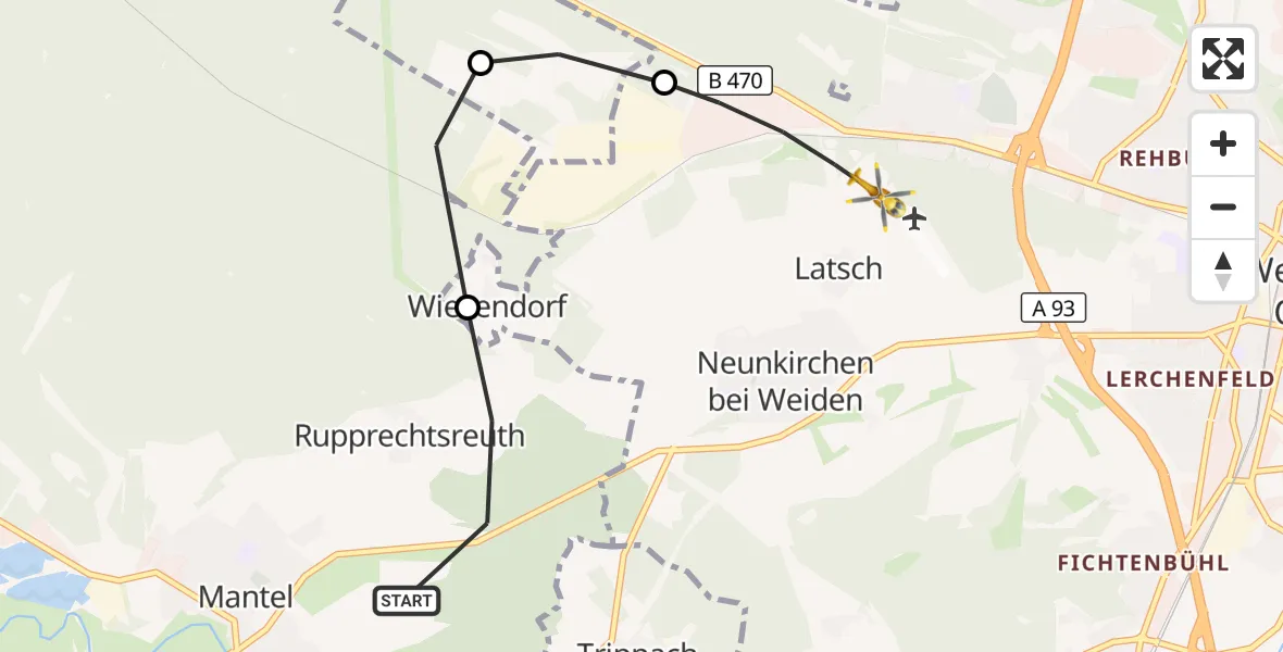 Flugroute Rettungshubschrauber Mantel - Weiden in der Oberpfalz Flugplatz, 02 Mai 2026, 06:23