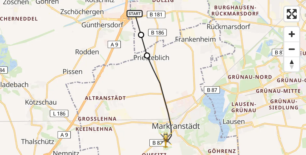 Flugroute Rettungshubschrauber ADAC Air Rescue Station Leipzig/Schkeuditz-Dölzig Hubschrauberlandeplatz (Christoph 61) - Markranstädt, 02 Mai 2026, 06:35