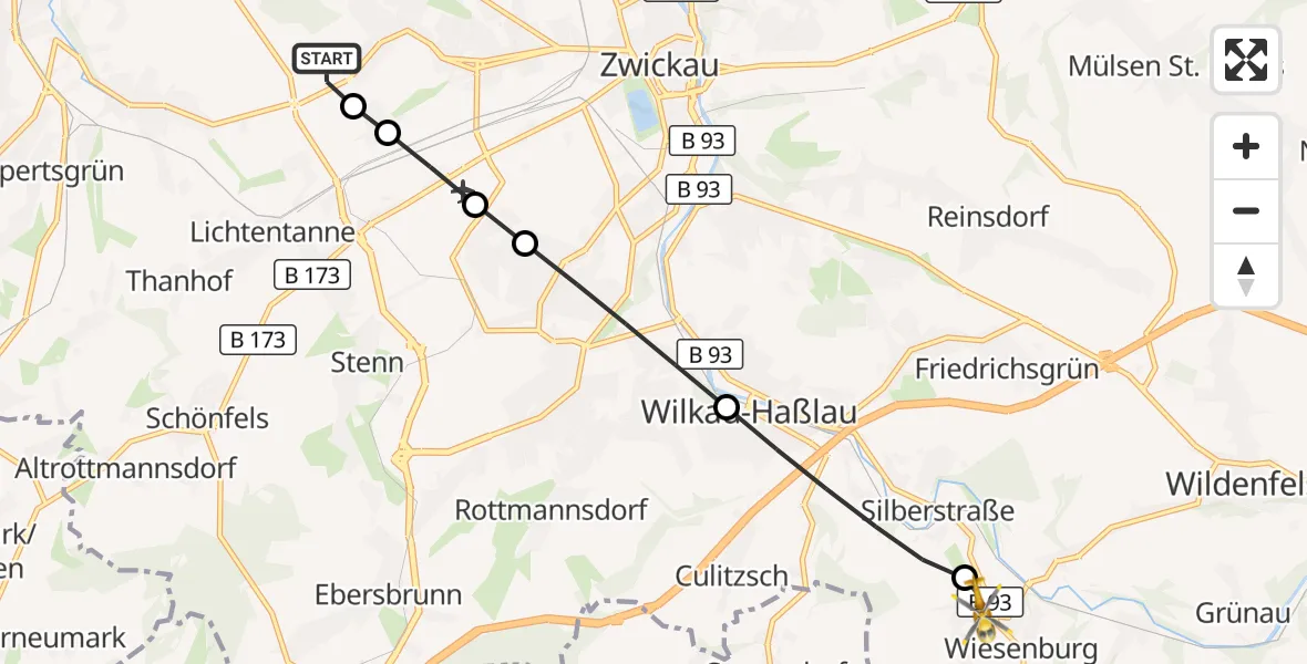Flugroute Rettungshubschrauber ADAC Air Rescue Station Zwickau Hubschrauberlandeplatz - Wildenfels, 02 Mai 2026, 06:43