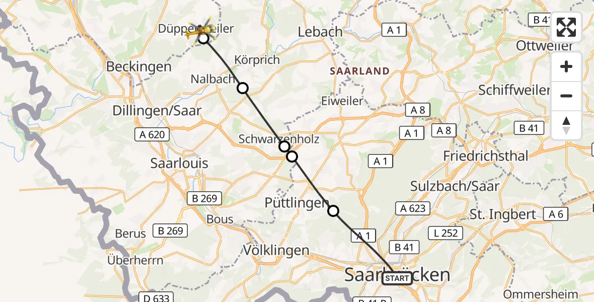 Flugroute Rettungshubschrauber Saarbrücken - Beckingen, 02 Mai 2026, 06:51