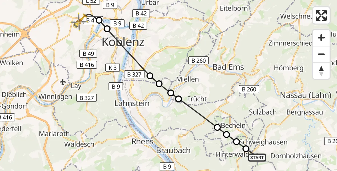 Flugroute Rettungshubschrauber Kehlbach - Koblenz, 02 Mai 2026, 06:55