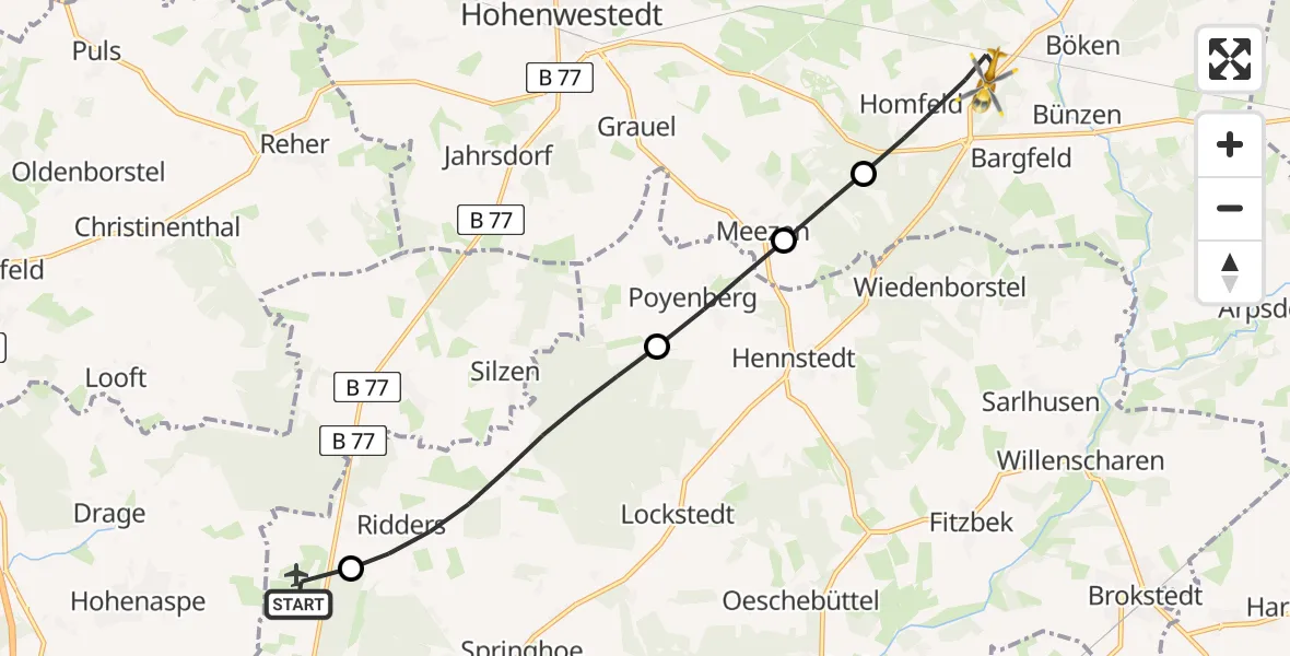 Flugroute Rettungshubschrauber Itzehoe Hungriger Wolf Flugplatz - Aukrug, 02 Mai 2026, 06:54