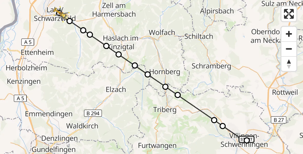 Flugroute Ambulanzhubschrauber DRF Air Rescue Station Villingen-Schwenningen Hubschrauberlandeplatz (Christoph 11) - Ortenau Hospital Lahr-Ettenheim Hubschrauberlandeplatz, 02 Mai 2026, 06:55