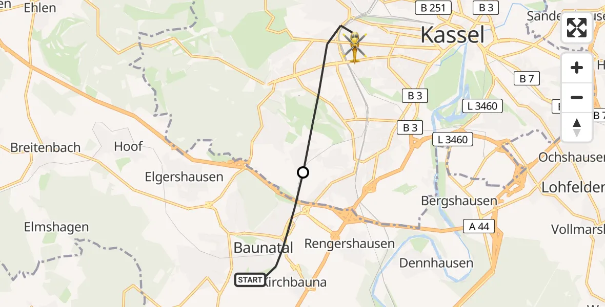 Flugroute Rettungshubschrauber Baunatal - Kassel, 02 Mai 2026, 07:01