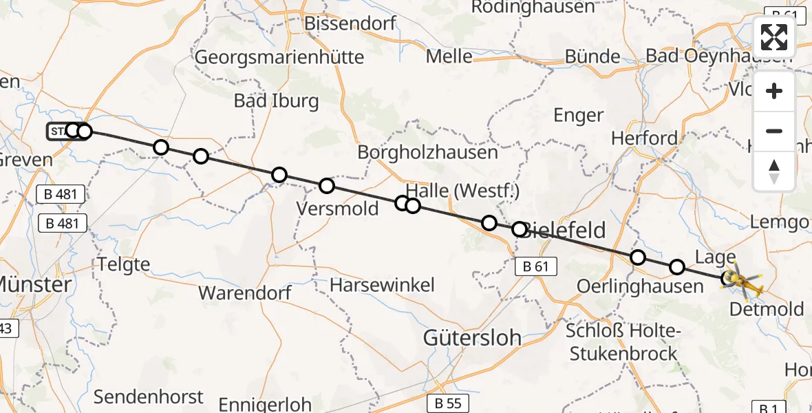 Flugroute Ambulanzhubschrauber Christoph  Westfalen-ADAC - Detmold, 02 Mai 2026, 07:04