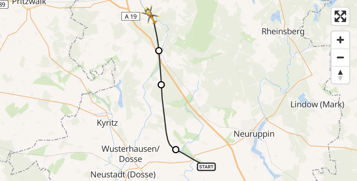 Flugroute Rettungshubschrauber Temnitztal - Wittstock/Dosse, 02 Mai 2026, 07:05