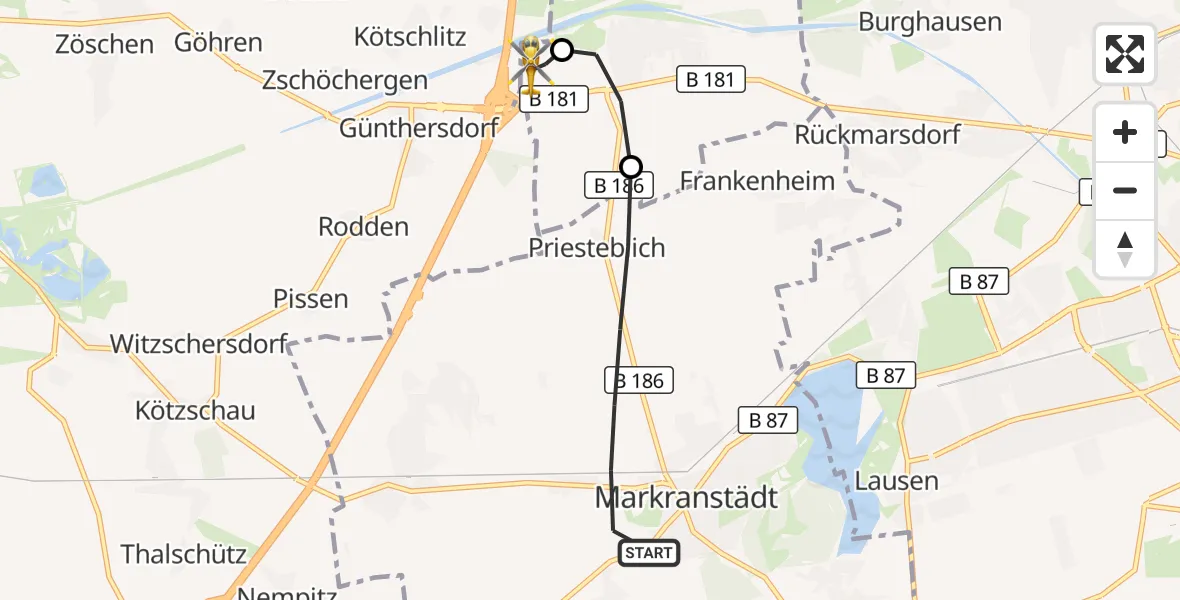 Flugroute Rettungshubschrauber Markranstädt - ADAC Air Rescue Station Leipzig/Schkeuditz-Dölzig Hubschrauberlandeplatz (Christoph 61), 02 Mai 2026, 07:06