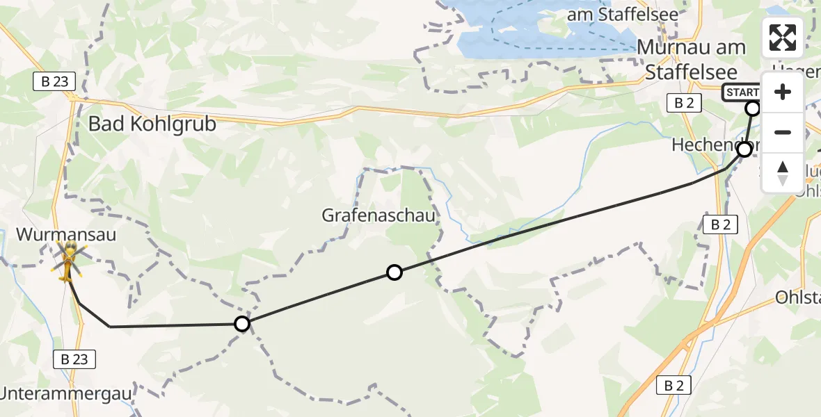 Flugroute Rettungshubschrauber Murnau Accident Hospital - Unterammergau, 02 Mai 2026, 07:09
