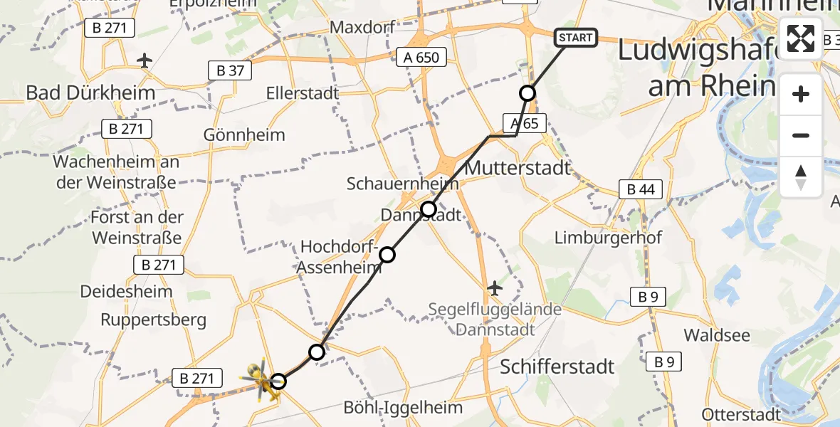 Flugroute Rettungshubschrauber Ludwigshafen am Rhein - Haßloch, 02 Mai 2026, 07:10