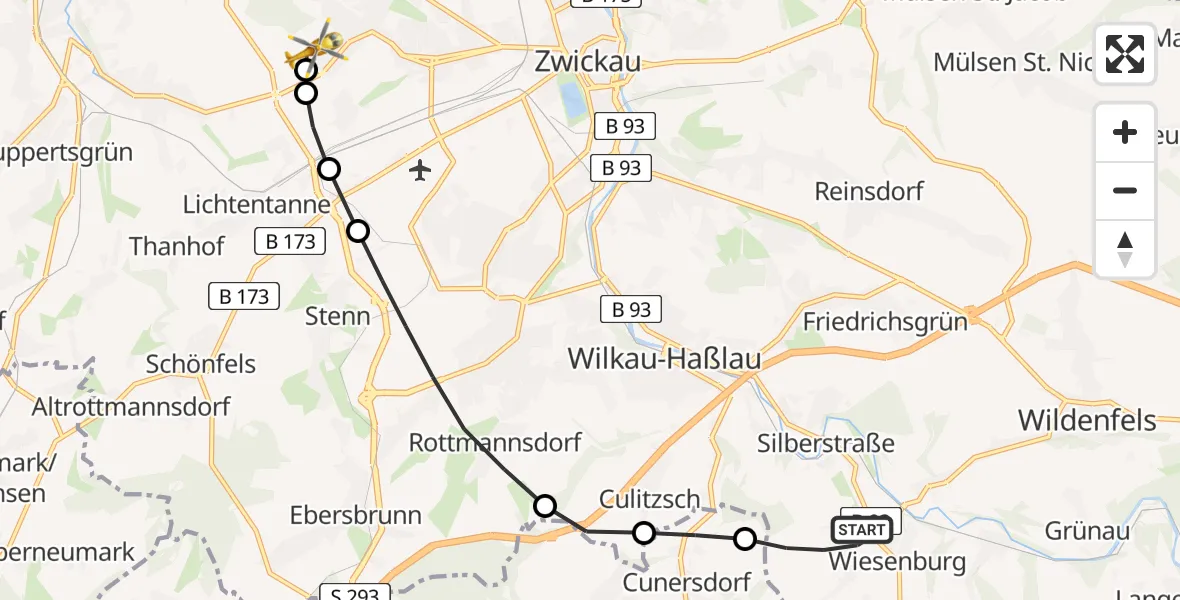 Flugroute Rettungshubschrauber Wildenfels - ADAC Air Rescue Station Zwickau Hubschrauberlandeplatz, 02 Mai 2026, 07:18