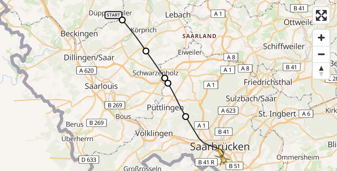 Flugroute Rettungshubschrauber Beckingen - Saarbrücken, 02 Mai 2026, 07:19
