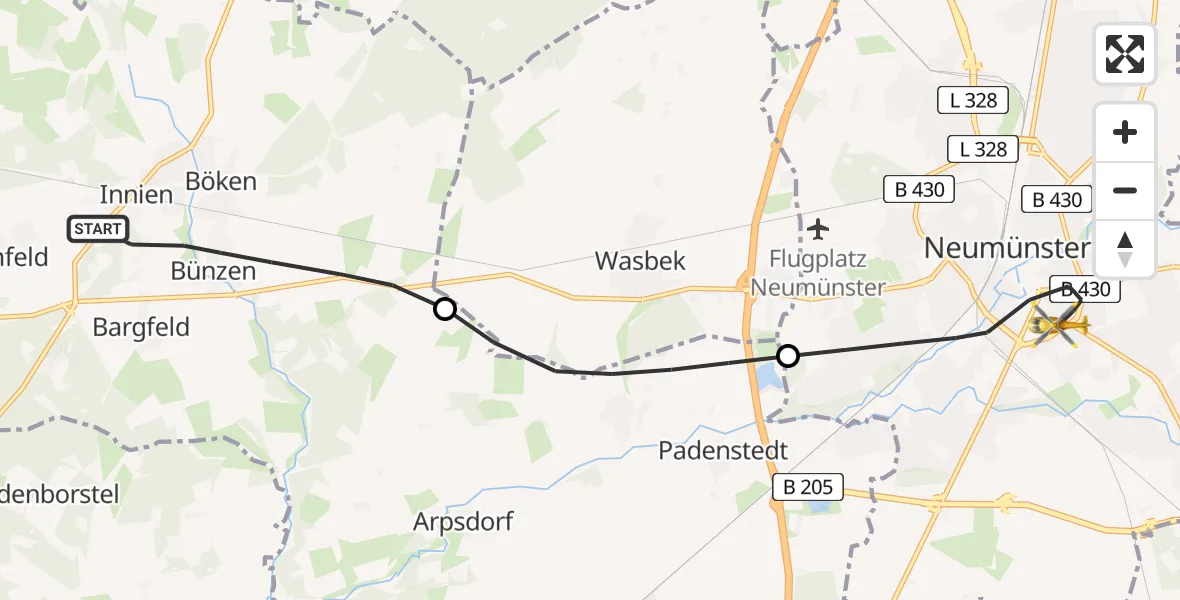 Flugroute Rettungshubschrauber Aukrug - Neumünster, 02 Mai 2026, 07:31