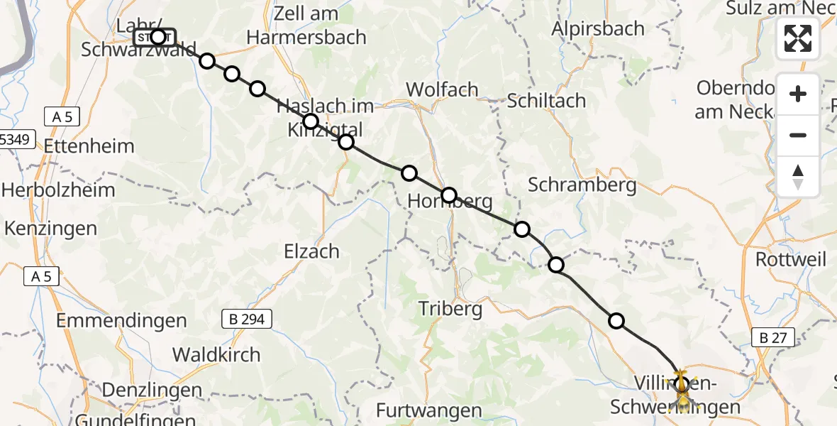 Flugroute Ambulanzhubschrauber Ortenau Hospital Lahr-Ettenheim - DRF Air Rescue Station Villingen-Schwenningen Hubschrauberlandeplatz (Christoph 11), 02 Mai 2026, 07:40