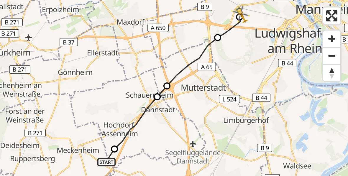 Flugroute Rettungshubschrauber Meckenheim - Ludwigshafen Accident Hospital, 02 Mai 2026, 07:41