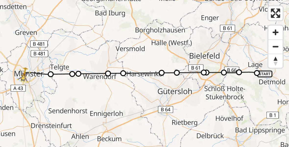 Flugroute Ambulanzhubschrauber Detmold - Münster, 02 Mai 2026, 07:44