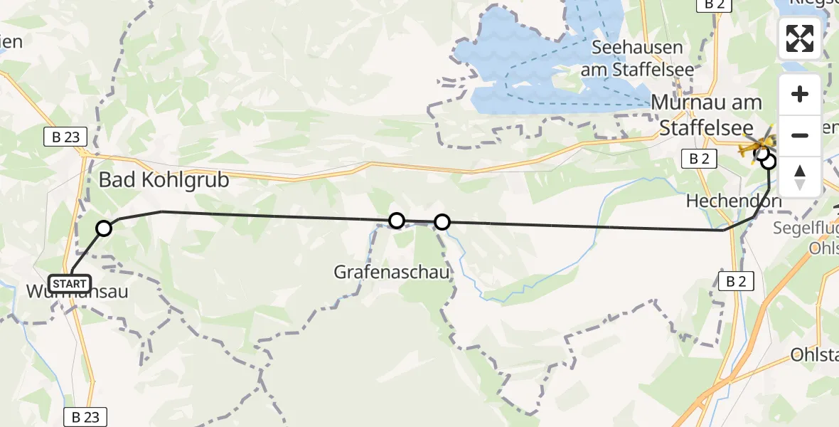 Flugroute Rettungshubschrauber Saulgrub - Murnau Accident Hospital, 02 Mai 2026, 07:52