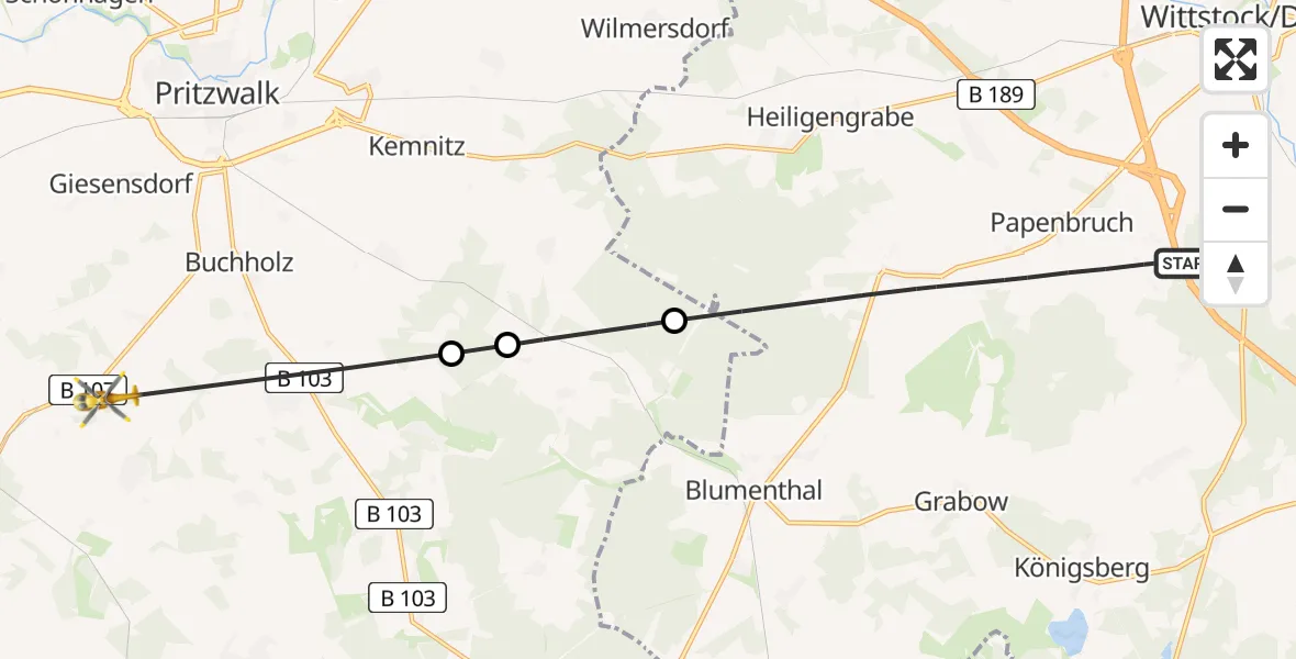 Flugroute Rettungshubschrauber Heiligengrabe - Pritzwalk, 02 Mai 2026, 07:55