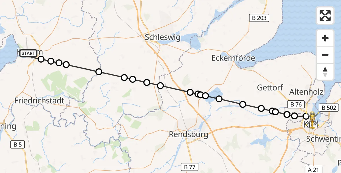 Flugroute Rettungshubschrauber Husum - Kiel, 02 Mai 2026, 07:59