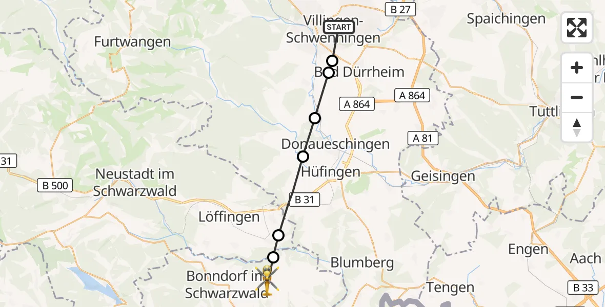 Flugroute Ambulanzhubschrauber DRF Air Rescue Station Villingen-Schwenningen Hubschrauberlandeplatz (Christoph 11) - Wutach, 02 Mai 2026, 08:00