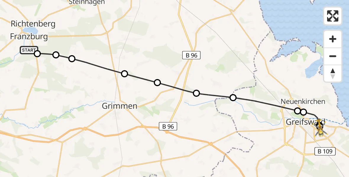Flugroute Rettungshubschrauber Franzburg - Greifswald Hospital, 02 Mai 2026, 08:08