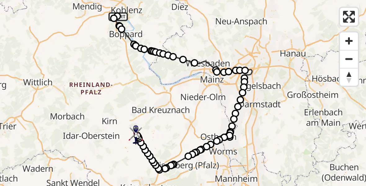 Flugroute Polizeihubschrauber Koblenz-Winningen Flugplatz - Meisenheim, 02 Mai 2026, 08:17