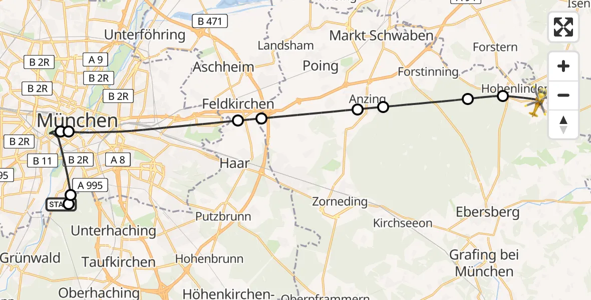 Flugroute Rettungshubschrauber ADAC Air Rescue Center Hubschrauberlandeplatz (Christoph 1) - Hohenlinden, 02 Mai 2026, 08:21