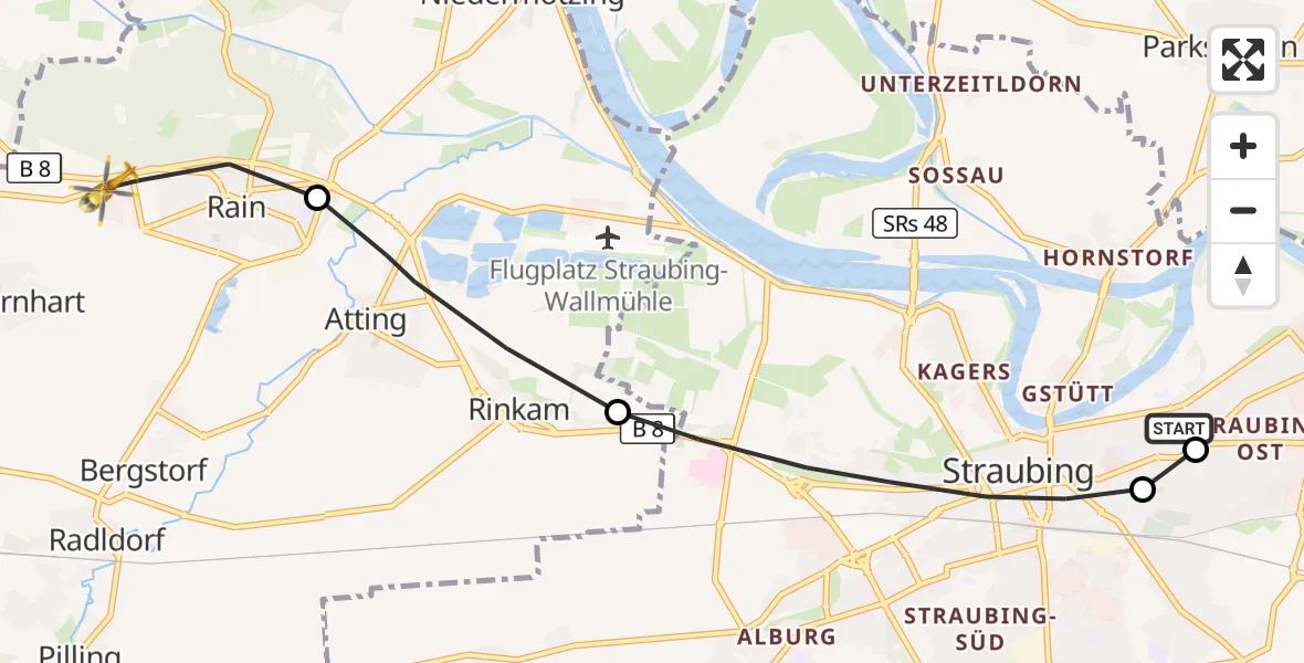 Flugroute Rettungshubschrauber Sankt Elisabeth Hospital Straubing - Rain, 02 Mai 2026, 08:22
