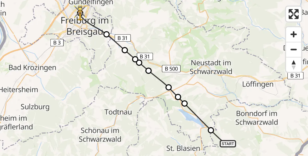 Flugroute Rettungshubschrauber Grafenhausen - Freiburg im Breisgau Flugplatz, 02 Mai 2026, 08:28