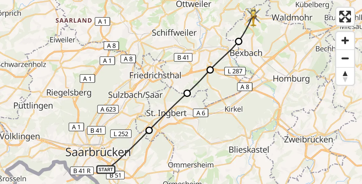 Flugroute Rettungshubschrauber Saarbrücken - Bexbach, 02 Mai 2026, 08:30