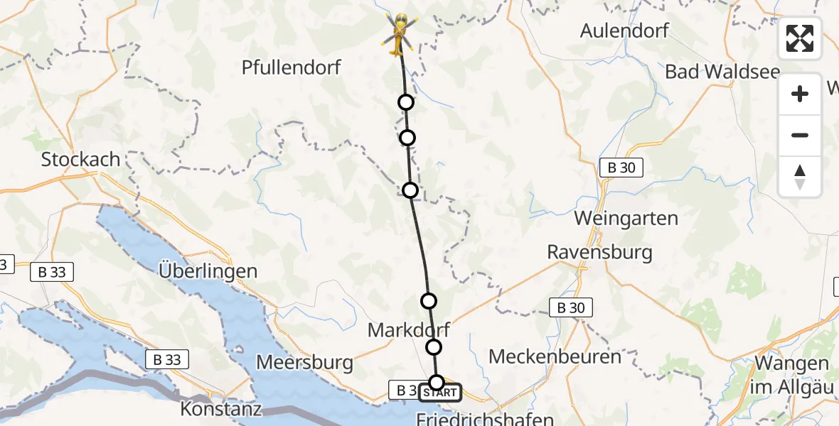 Flugroute Rettungshubschrauber Friedrichshafen Hospital - Ostrach, 02 Mai 2026, 08:33