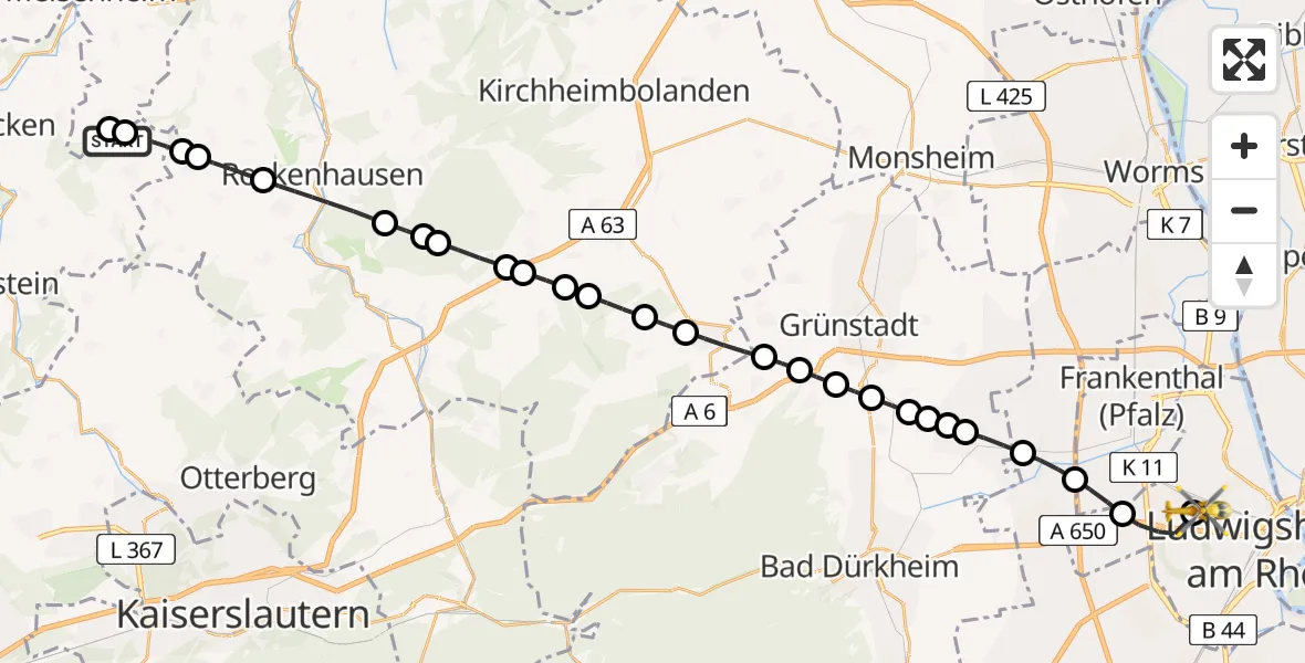 Flugroute Rettungshubschrauber Roßberg Becherbach Flugplatz - Ludwigshafen Accident Hospital, 02 Mai 2026, 08:36
