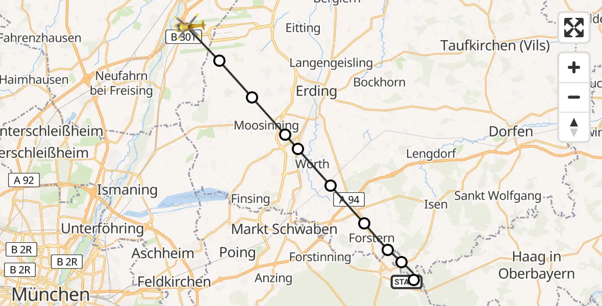 Flugroute Rettungshubschrauber Hohenlinden - München Flughafen, 02 Mai 2026, 08:49