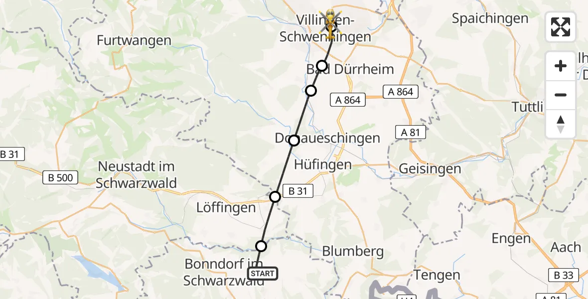 Flugroute Ambulanzhubschrauber Wutach - DRF Air Rescue Station Villingen-Schwenningen Hubschrauberlandeplatz (Christoph 11), 02 Mai 2026, 08:53