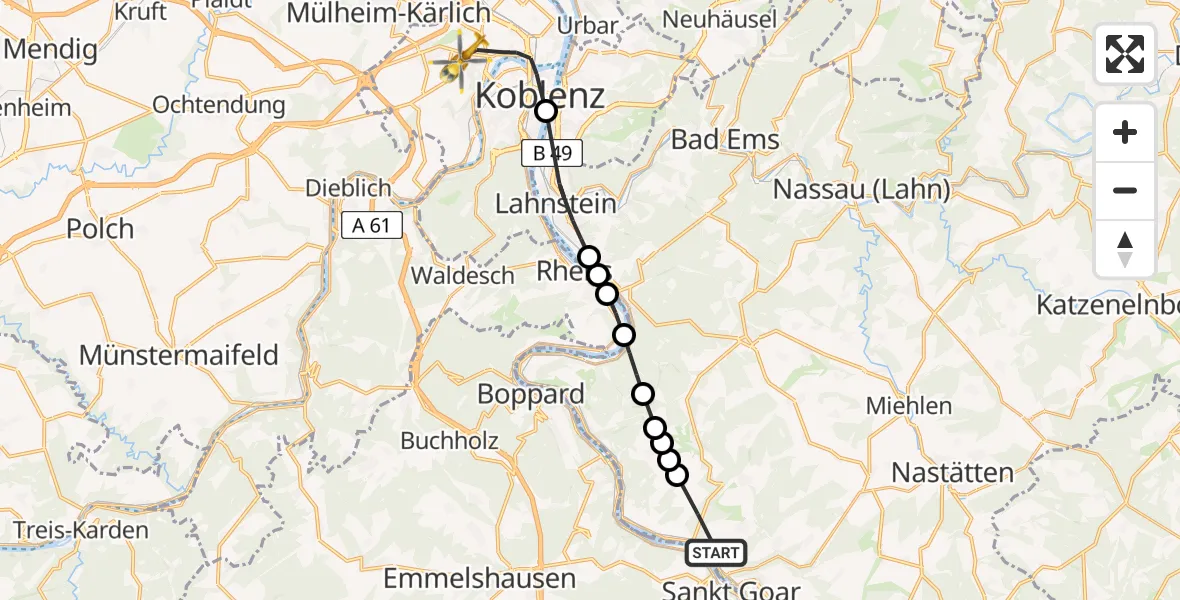 Flugroute Rettungshubschrauber Sankt Goarshausen - Koblenz, 02 Mai 2026, 08:55