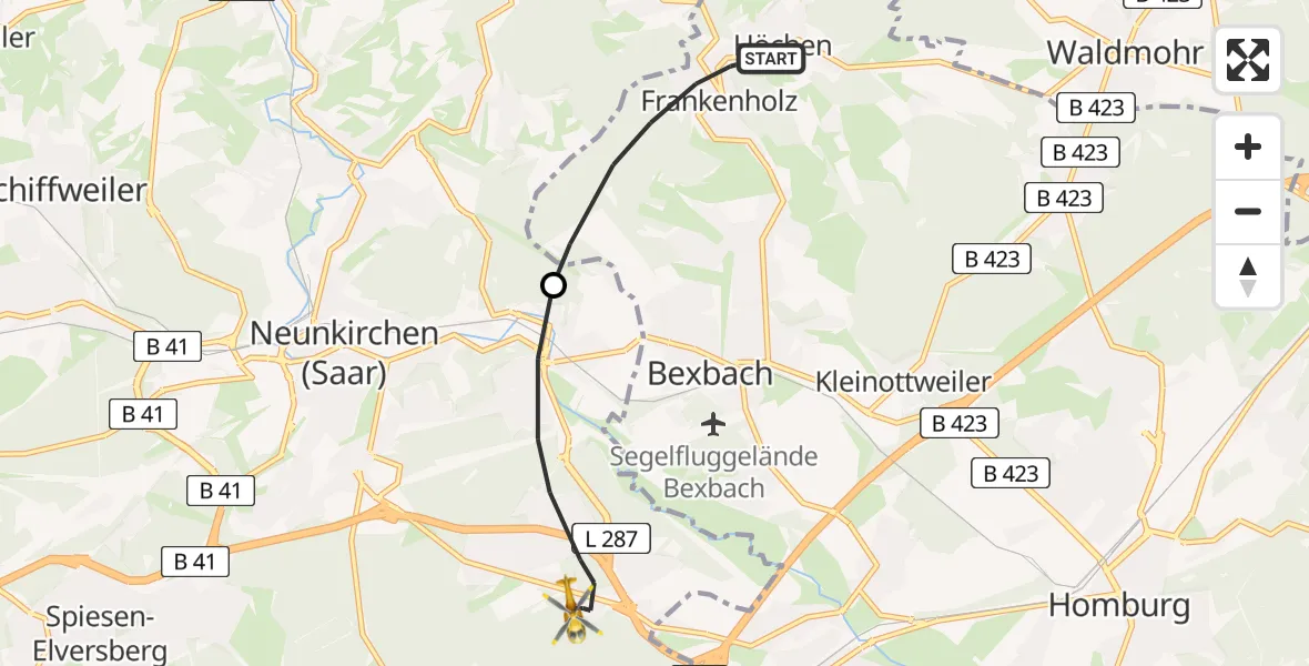 Flugroute Rettungshubschrauber Bexbach - Neunkirchen, 02 Mai 2026, 08:57