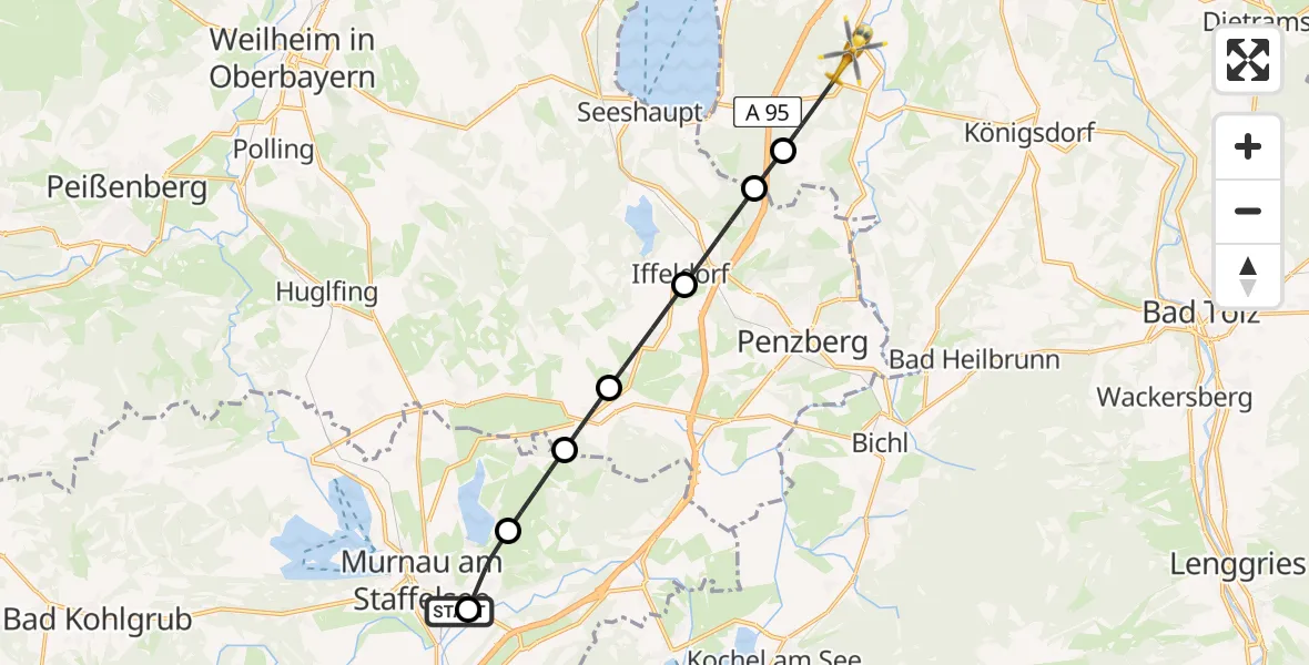 Flugroute Rettungshubschrauber Murnau Accident Hospital - Eurasburg, 02 Mai 2026, 08:58