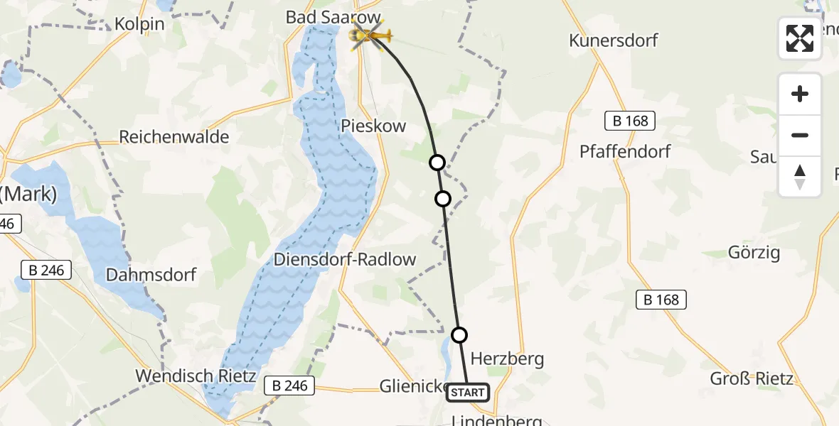 Flugroute Rettungshubschrauber Tauche - Bad Saarow, 02 Mai 2026, 09:01
