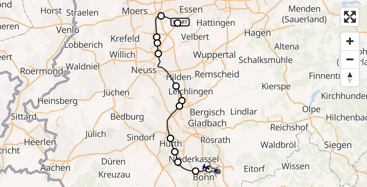 Flugroute Polizeihubschrauber Essen-Mülheim Flughafen - Sankt Augustin, 02 Mai 2026, 09:06