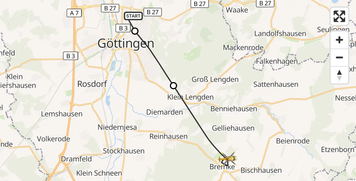 Flugroute Rettungshubschrauber Göttingen University Clinic Hubschrauberlandeplatz - Gleichen, 02 Mai 2026, 09:07